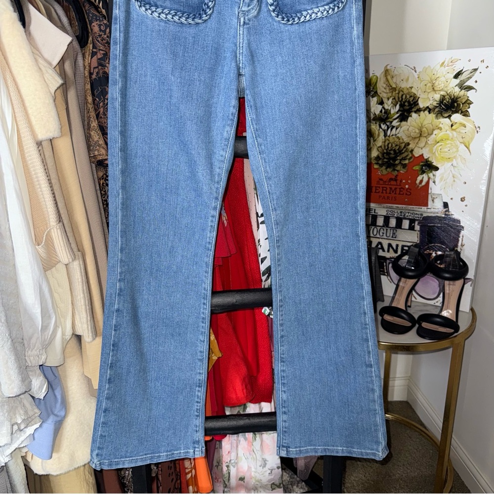 Maje Braided High Rise Bootcut Jeans Light Wash Denim Womens 36 4 EUC $325 - Picture 5 of 14